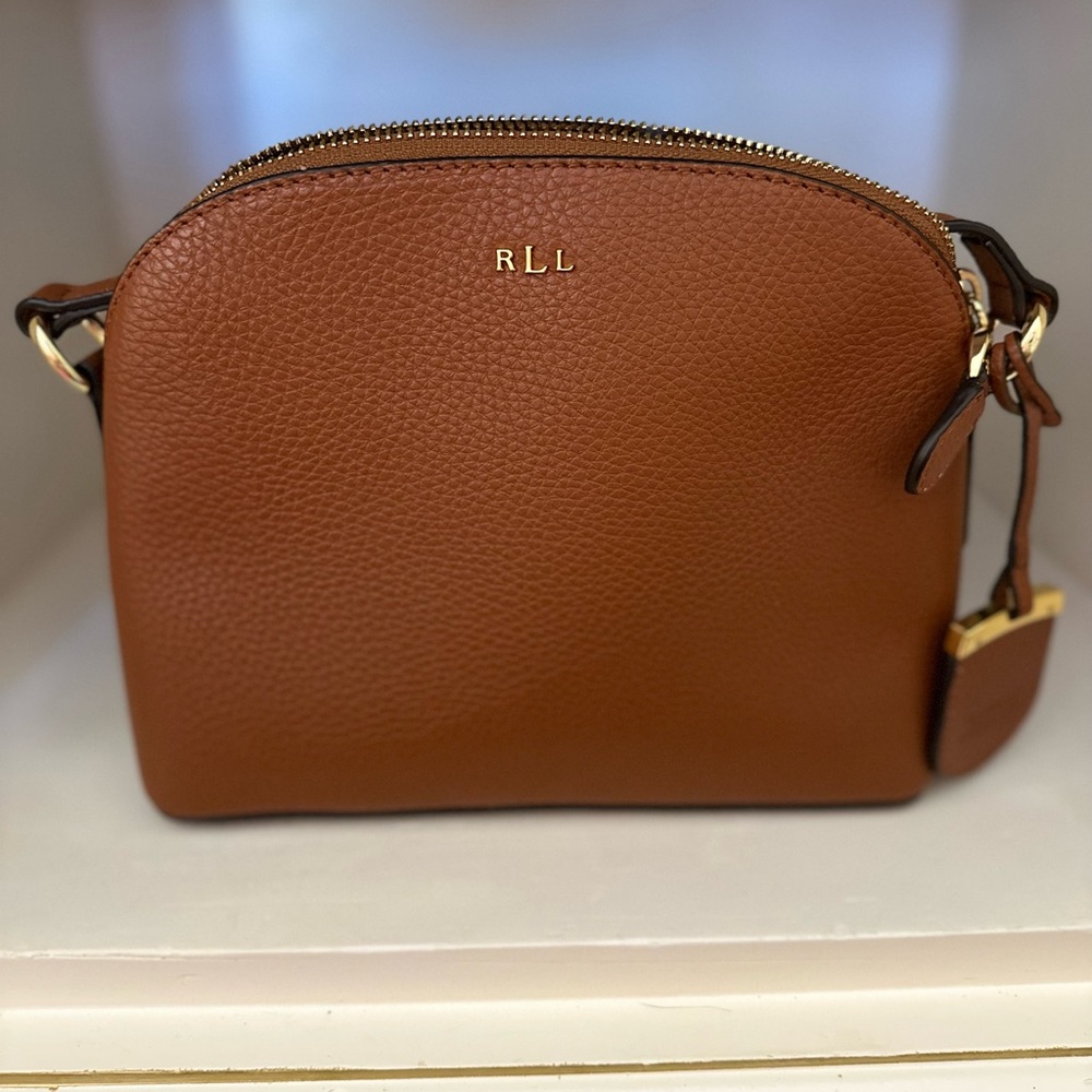 Lauren Ralph Lauren Brown Leather Crossbody Bag, Gold Hardware.